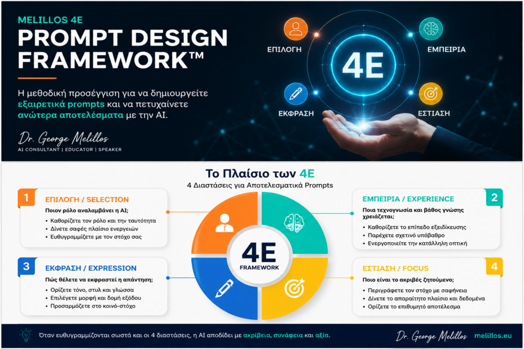 Melillos 4E Prompt Design Framework - Ο Κύκλος των 4Ε: Επιλογή, Εμπειρία, Έκφραση, Εστίαση - μεθοδολογία prompt engineering του Δρ. Γιώργου Μέλιλλου
